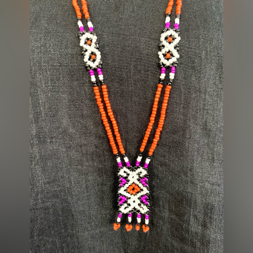 Native American Vibrant Seed Beaded Necklace - Orange, Purple, Black, White